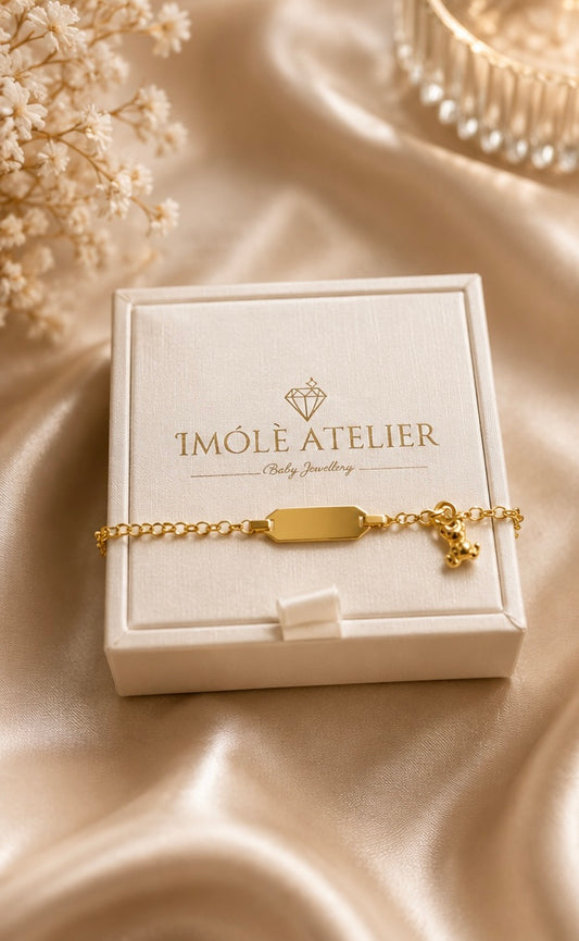 Sterling Silver Gold Plated Imólè Baby ID Bracelet with Teddy Charm
