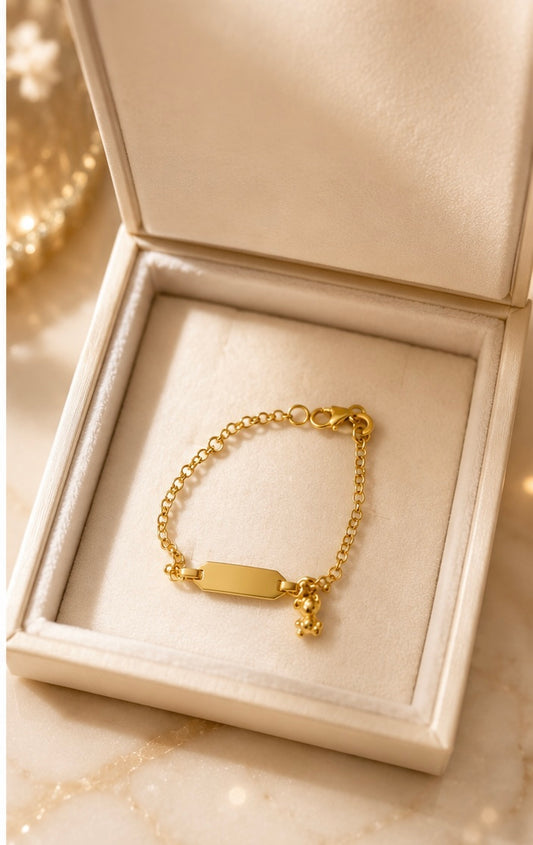 Sterling Silver Gold Plated Imólè Baby ID Bracelet with Teddy Charm